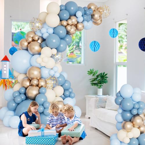 DBKL Dusty Baby Blue Balloon Arch Garland Kit Different Sizes 18 12 10 5 inch Pastel Baby Blue Slate Fog Ivory White Metallic Gold Balloons for Men Boy Baby Shower Birthday Wedding Party Supplies - Image 5