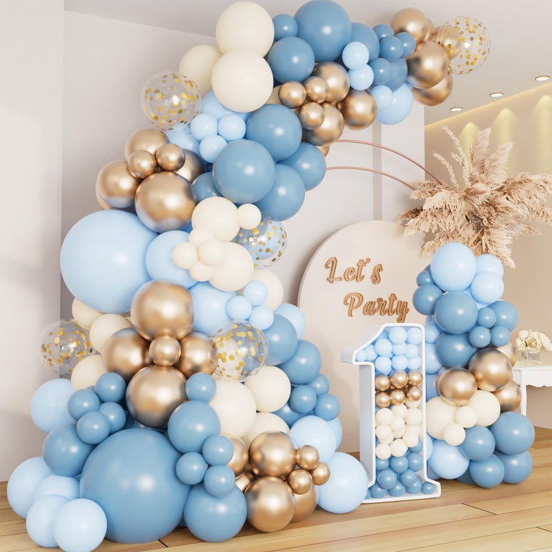 DBKL Dusty Baby Blue Balloon Arch Garland Kit Different Sizes 18 12 10 5 inch Pastel Baby Blue Slate Fog Ivory White Metallic Gold Balloons for Men Boy Baby Shower Birthday Wedding Party Supplies - Image 3