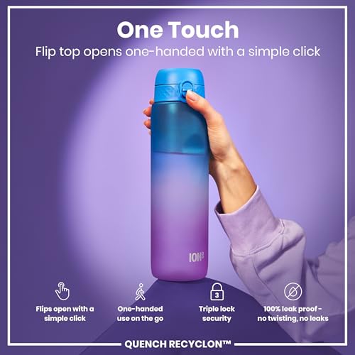 Ion8 1 Litre Water Bottle with Times to Drink, Leak Proof, Flip Lid, Carry Handle, Dishwasher Safe, BPA Free, Soft Touch Contoured Grip, Ideal for Gym, Health and Fitness, 32 oz, Blue & Pink - Image 3