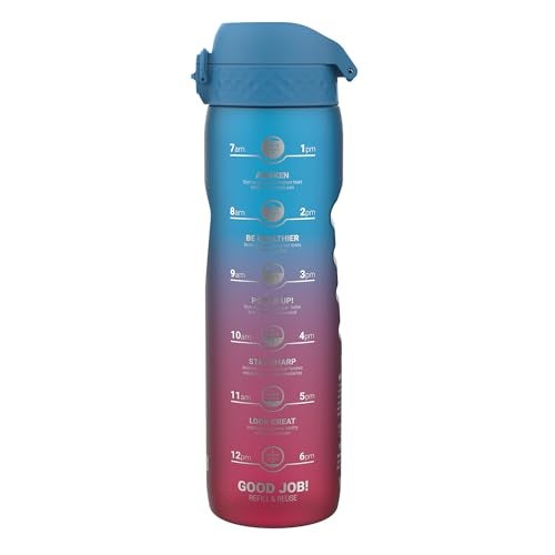 Ion8 1 Litre Water Bottle with Times to Drink, Leak Proof, Flip Lid, Carry Handle, Dishwasher Safe, BPA Free, Soft Touch Contoured Grip, Ideal for Gym, Health and Fitness, 32 oz, Blue & Pink - Image 1