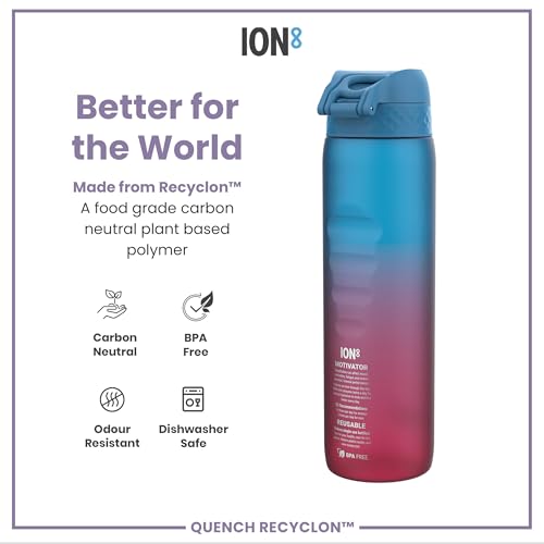 Ion8 1 Litre Water Bottle with Times to Drink, Leak Proof, Flip Lid, Carry Handle, Dishwasher Safe, BPA Free, Soft Touch Contoured Grip, Ideal for Gym, Health and Fitness, 32 oz, Blue & Pink - Image 5