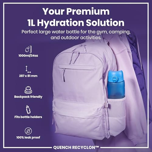 Ion8 1 Litre Water Bottle with Times to Drink, Leak Proof, Flip Lid, Carry Handle, Dishwasher Safe, BPA Free, Soft Touch Contoured Grip, Ideal for Gym, Health and Fitness, 32 oz, Blue & Pink - Image 2