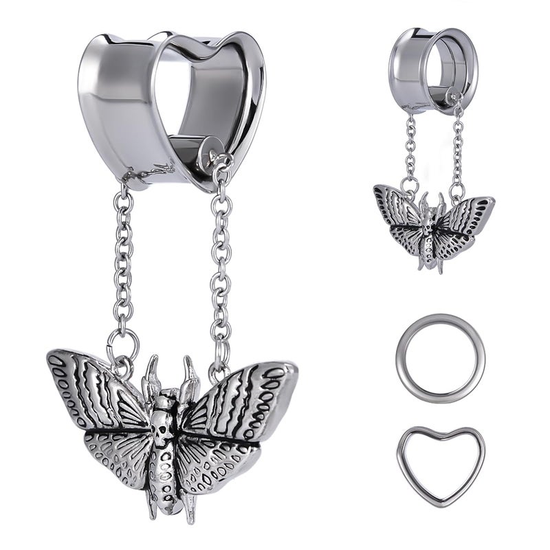 COOEAR Heart Gauges For Ears, Heart Tunnels Double Flared Plugs, Butterfly Dangle Plugs Earrings 0g. - Image 1