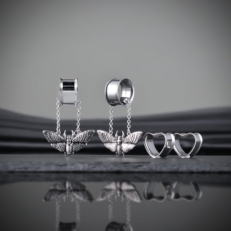 COOEAR Heart Gauges For Ears, Heart Tunnels Double Flared Plugs, Butterfly Dangle Plugs Earrings 0g. - Image 3