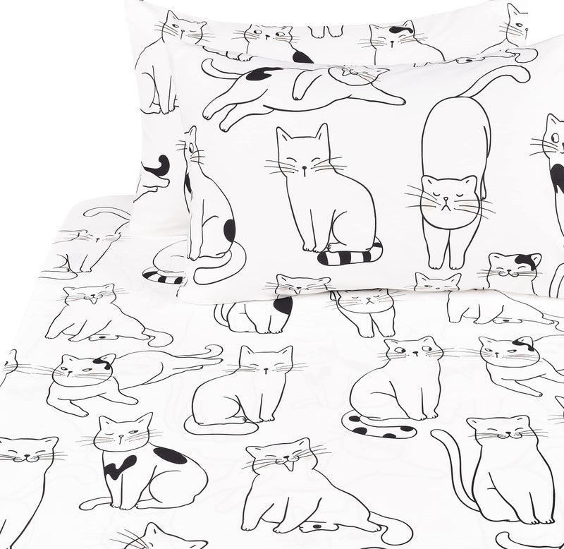 J-pinno Cat Kitty Cute Cozy Fun 4 Pcs Full Sheet Set for Kids Boys Girls Children 100% Cotton Flat Sheet + Fitted Sheet + Pillowcase Bedding Set Cat, Full - Image 2