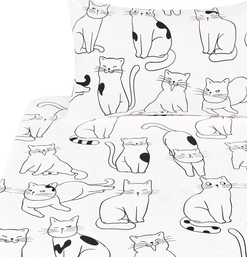 J-pinno Cat Kitty Cute Cozy Fun 4 Pcs Full Sheet Set for Kids Boys Girls Children 100% Cotton Flat Sheet + Fitted Sheet + Pillowcase Bedding Set Cat, Full - Image 1