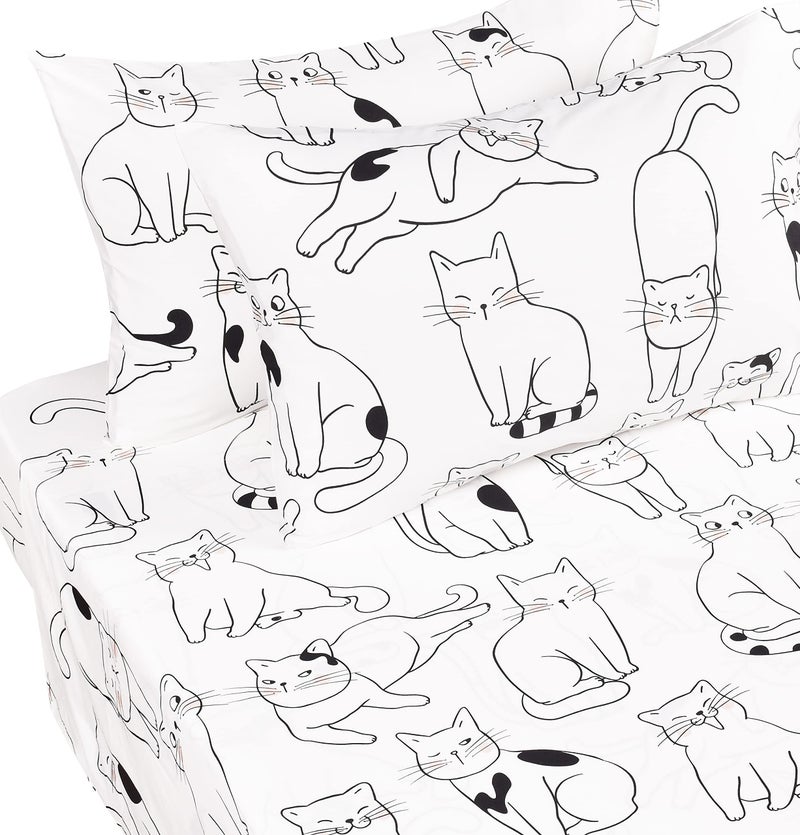 J-pinno Cat Kitty Cute Cozy Fun 4 Pcs Full Sheet Set for Kids Boys Girls Children 100% Cotton Flat Sheet + Fitted Sheet + Pillowcase Bedding Set Cat, Full - Image 3
