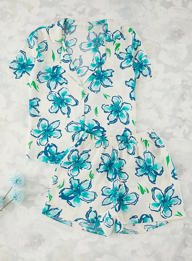 trendyol Multicolor Large Flower Pattern Viscose Shirt & Shorts Woven Pajamas Set - Image 5