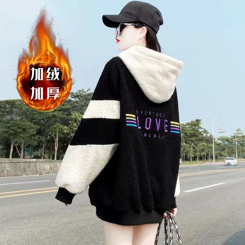 Imitation Lamb Wool Gentle Style Fleece-Lined Hooded Sweatshirt for Women 2023 Autumn and Winter New Thickeneded Top Loose Jacket for Women Black
