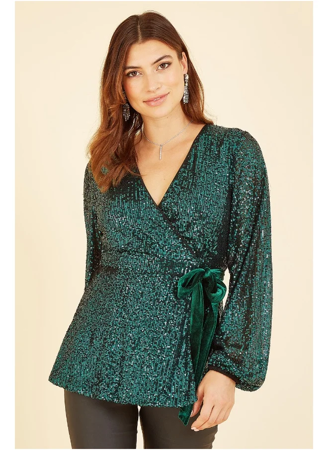 Yumi Sequin Wrap Top With Velvet Tie
