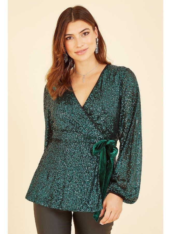 Yumi Sequin Wrap Top With Velvet Tie - Image 2