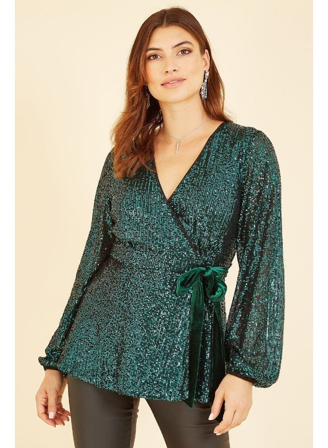 Yumi Sequin Wrap Top With Velvet Tie - Image 1