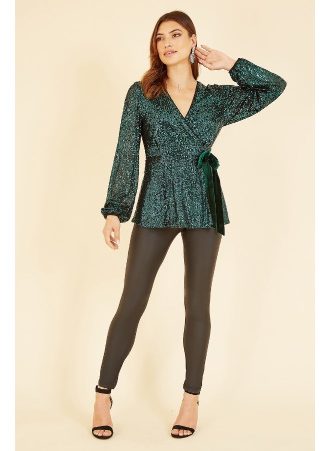 Yumi Sequin Wrap Top With Velvet Tie - Image 3