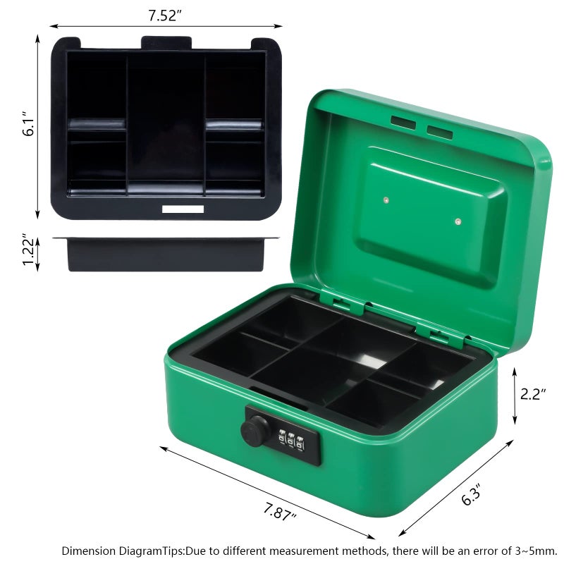 KYODOLED Cash Box with Combination Lock,Safe Metal Box for Money,Storage Lock Box with Money Tray,7.87"x 6.30"x 3.54" Green Medium - Image 5