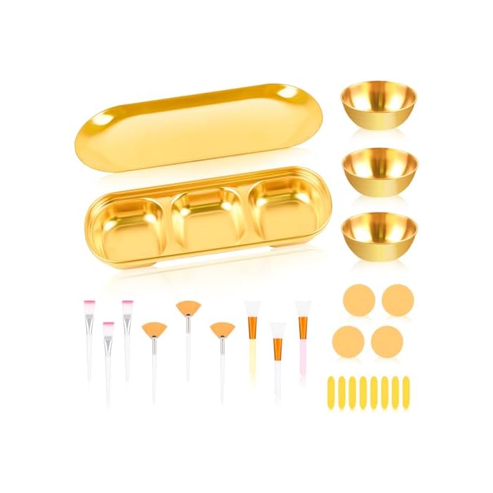 26Pcs Esthetician Supplies for Facials Set - 3 Stainless Steel Gold Mixing Bowls Gold Small Serving Tray 3 Compartment Serving Tray 3 Facial Fan Brushes 6 Face Mask Applicator Brush 12 Face Sponges