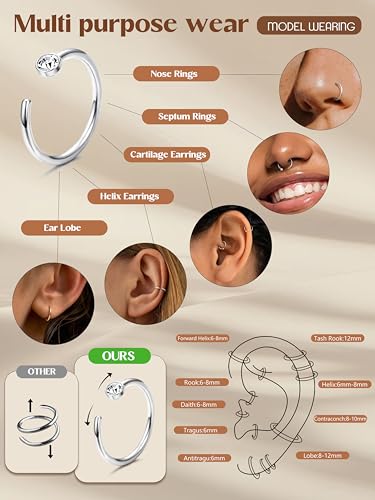 ORAZIO 5-12Pcs 20G Stainless Steel Nose Ring Hoop CZ Body Ear Piercing 5 Mixed Colors - Image 5