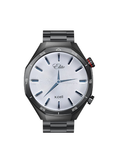 Xcell Elite7 Smartwatch, 1.52" HD Display, Bluetooth Calling, Wireless Charging, Heart-Rate/BP/SpO₂, Multi Language, IP67, 7 Days Battery, iOS/Android Compatible- Gun Frame with Black Metal Strap