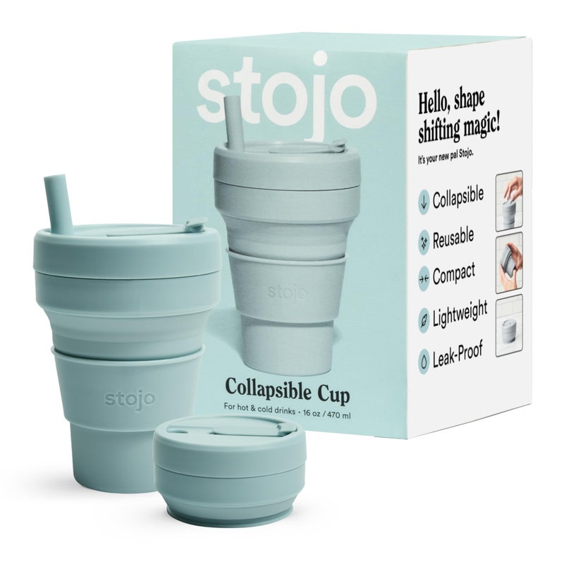 Stojo STOJO Collapsible Travel Cup With Straw  Steel Blue 16oz  470ml  Reusable ToGo Pocket Size Silicone Bottle for Hot and Cold Drinks  Perfect for Camping and Hiking  Microwave  Dishwasher Safe 