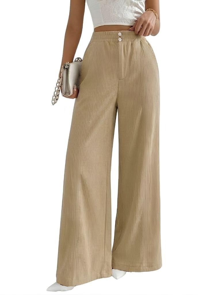 SMOWKLY Authentics Women's Trendy Casual Stretchable Baggy Loose Korean Trouser with Pockets || High Rise Elastic Waist Going Out Lounge Pants || Wide Leg Sweatpant for Woman(1679_BG_S) Beige - Image 1
