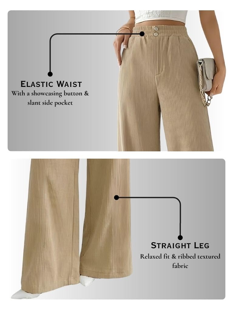SMOWKLY Authentics Women's Trendy Casual Stretchable Baggy Loose Korean Trouser with Pockets || High Rise Elastic Waist Going Out Lounge Pants || Wide Leg Sweatpant for Woman(1679_BG_S) Beige - Image 4