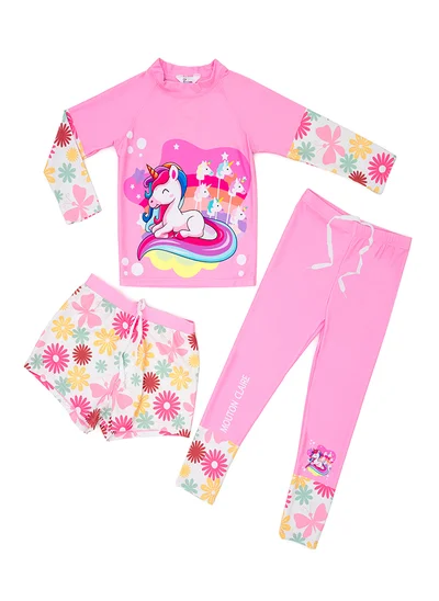 babyqlo 3-Piece Unicorn Floral Swimwear Set for Girls