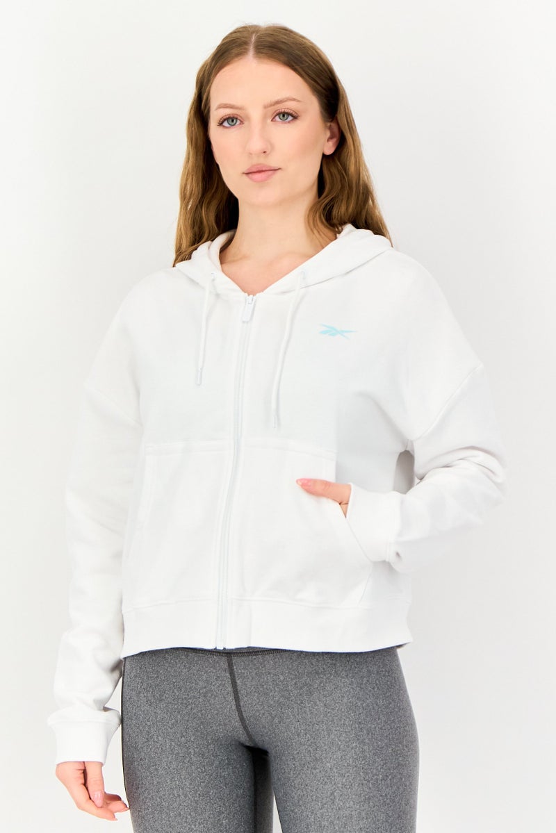 Reebok هودي خارجي طويل الأكمام للنساء، رياضي، أبيض - Image 1