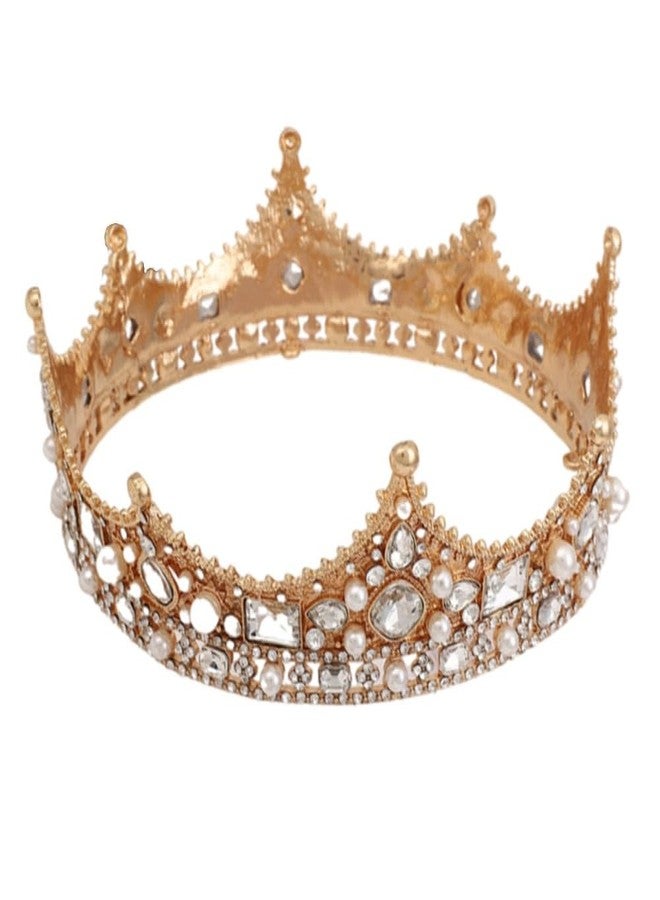winvin Crystal King Wedding Tiara Vintage Rhinestone Crown Hair Bands For Halloween Birthday Pageant Hair Accessories (Gold With White Stone) - Image 1