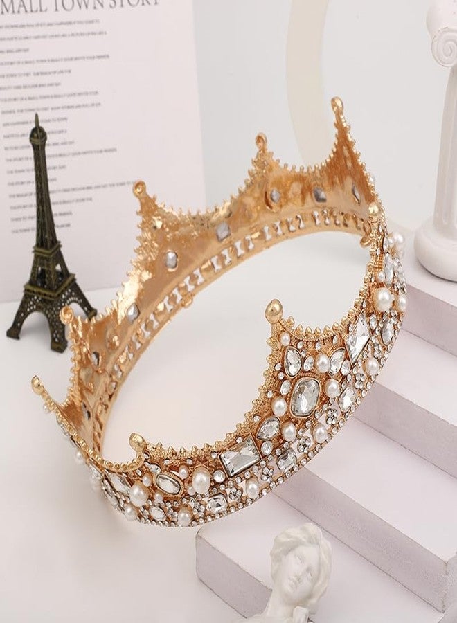 winvin Crystal King Wedding Tiara Vintage Rhinestone Crown Hair Bands For Halloween Birthday Pageant Hair Accessories (Gold With White Stone) - Image 2
