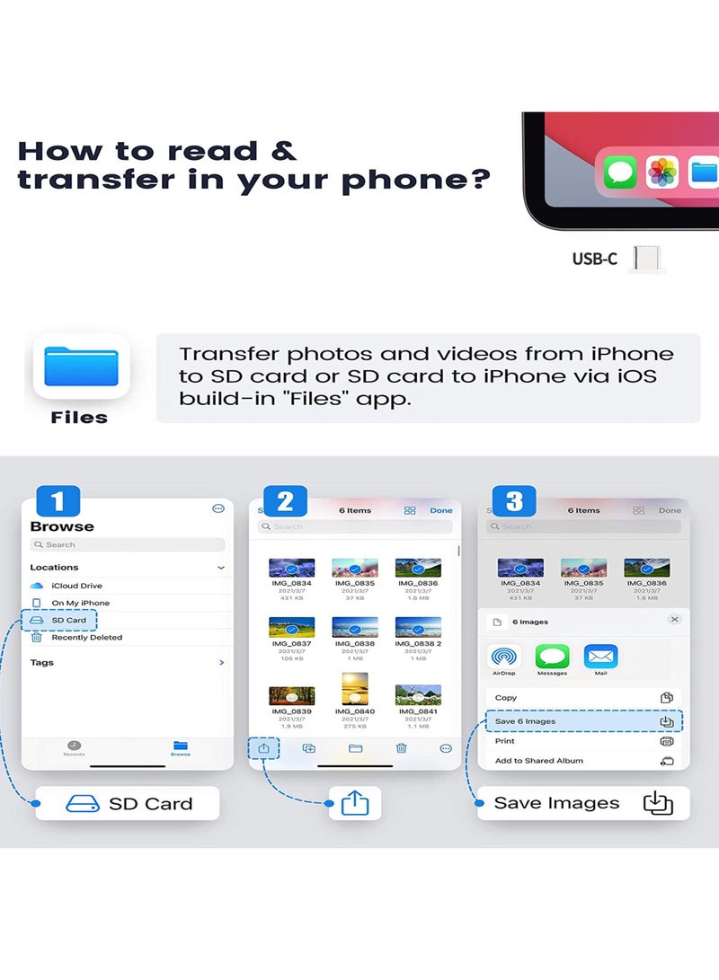 Excefore 5-in-1 Memory Card Reader, USB OTG Adapter & SD Card Reader for iPhone/iPad, USB C and USB A Device, OTG Adapter for SD/Micro SD/SDHC/SDXC/MMC - Image 4