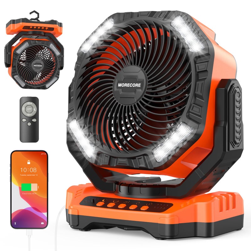 MORECORE 68HRS Running Camping Fan with Light 20000mAh Battery Rechargeable Powerful 4 Speeds Auto Oscillating with Timer Hook for Travel Tent RV Emergency Hurricane Jobsite GarageOrange