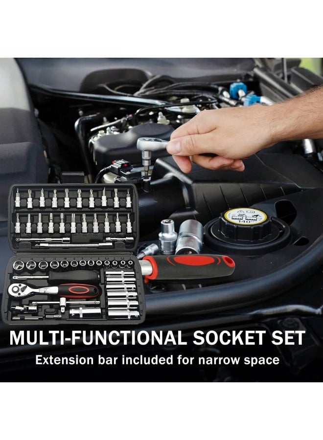 46-Piece 1/4-inch 45 Teeth Screwdriver Drive Socket & Bit Set Combination with Reversible Ratchet Wrench Tools Kit for Auto Repairing & Household with Storage Case - Image 2