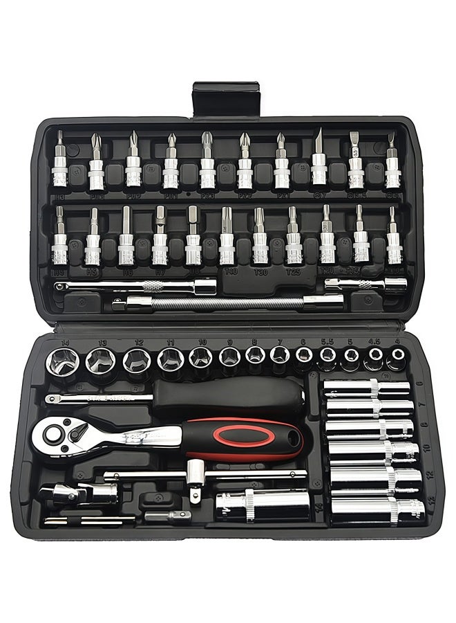 46-Piece 1/4-inch 45 Teeth Screwdriver Drive Socket & Bit Set Combination with Reversible Ratchet Wrench Tools Kit for Auto Repairing & Household with Storage Case - Image 1