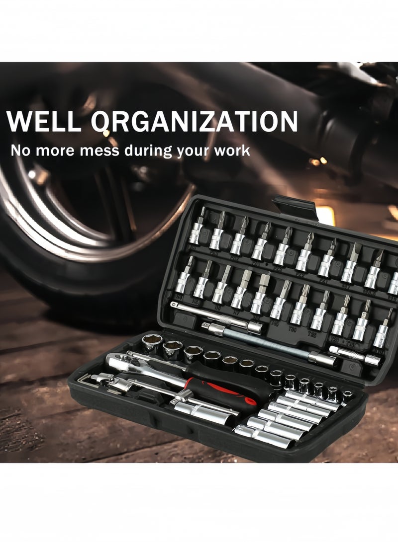 46-Piece 1/4-inch 45 Teeth Screwdriver Drive Socket & Bit Set Combination with Reversible Ratchet Wrench Tools Kit for Auto Repairing & Household with Storage Case - Image 3
