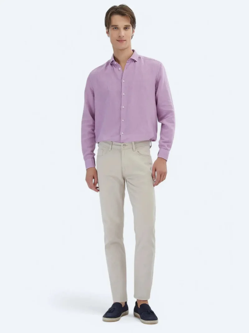 Kip Beige Weaving Slim Fit Casual Cotton Blended Trousers