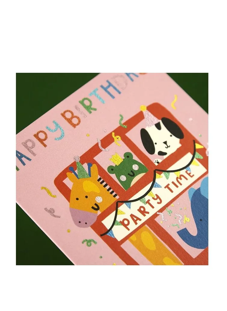 راسبيري بلوسوم Fun time animal party bus children's Birthday Greeting Card