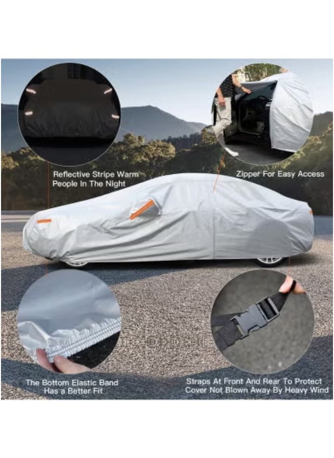 JAJEEK All-Weather Waterproof Car Cover for Sedan | UV Sun Protection, Heavy-Duty Outdoor Full Body Cover with Soft Cotton Lining, Windproof Straps, Zipper Door Access | Universal Fit for Most Sedans – Dustproof, Scratch-Resistant, Rainproof  - Image 3