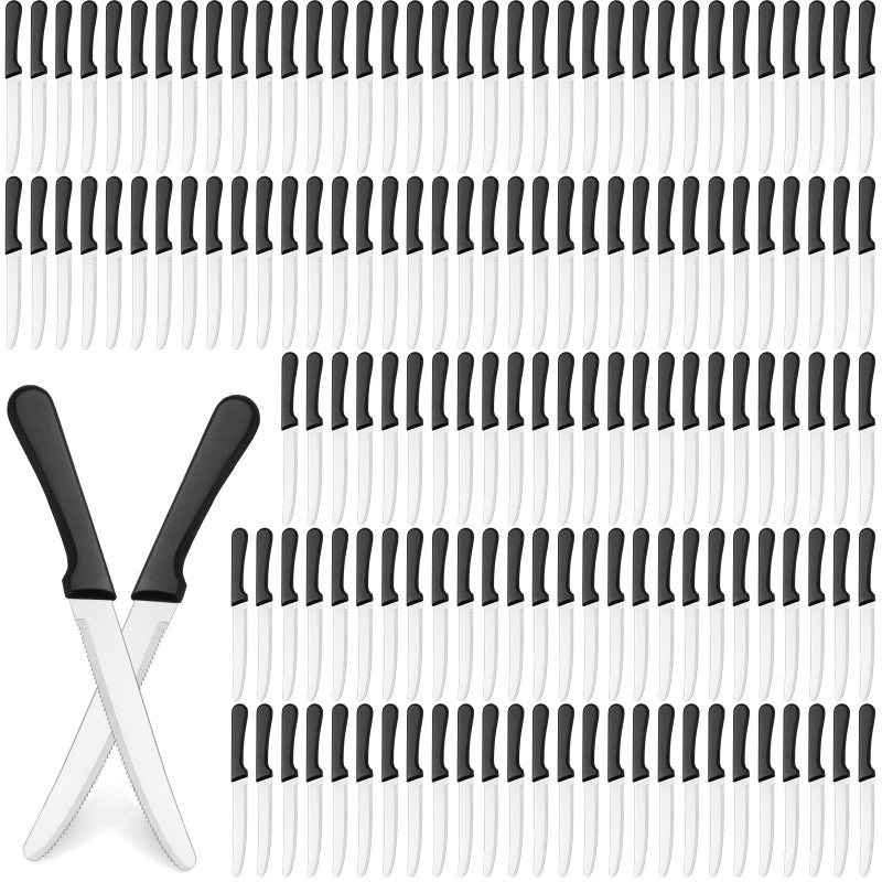 Zhehao 200 Pcs Steak Knives 8.39 Inches Stainless Steel Serrated Blade Steak Knives Set with Round Tip Plastic Handle for Restaurant Kitchen, 4.72 Inch Blade - Image 1