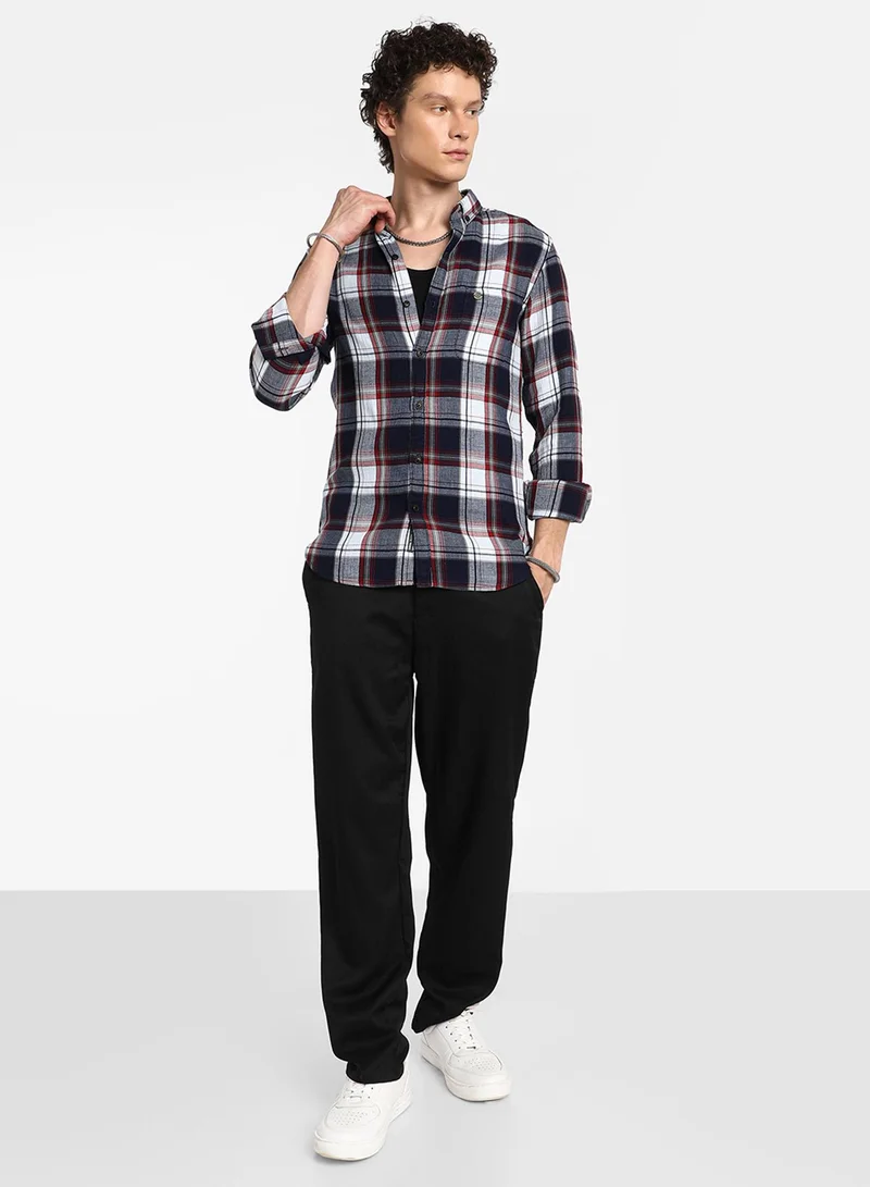 Campus Sutra Campus Sutra Men's Navy Blue & Cadmium Red Tartan Plaid Shirt For Casual Wear | Spread Collar | Long Sleeve | Button Closure | Shirt Crafted With Comfort Fit For Everyday Wear