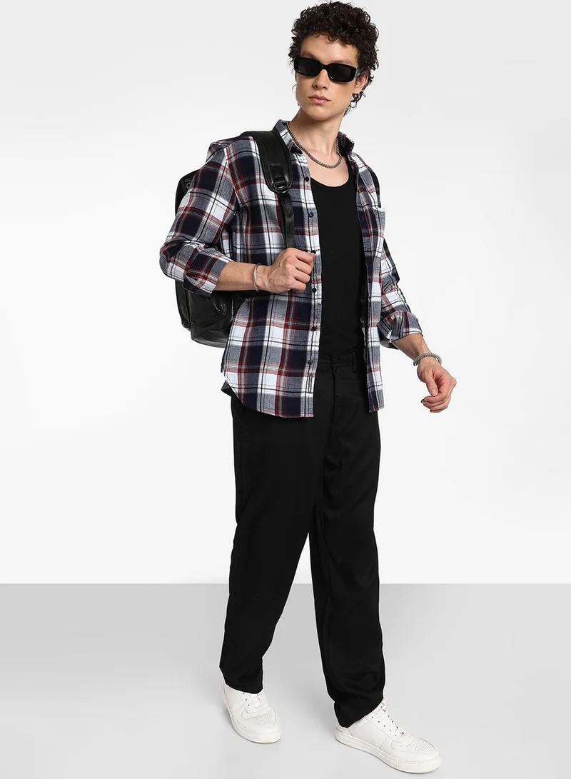 Campus Sutra Campus Sutra Men's Navy Blue & Cadmium Red Tartan Plaid Shirt For Casual Wear | Spread Collar | Long Sleeve | Button Closure | Shirt Crafted With Comfort Fit For Everyday Wear