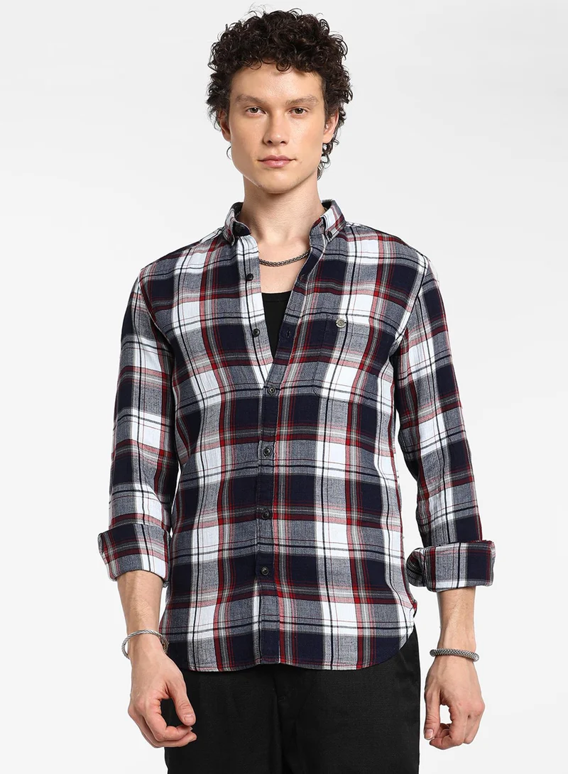 Campus Sutra Campus Sutra Men's Navy Blue & Cadmium Red Tartan Plaid Shirt For Casual Wear | Spread Collar | Long Sleeve | Button Closure | Shirt Crafted With Comfort Fit For Everyday Wear