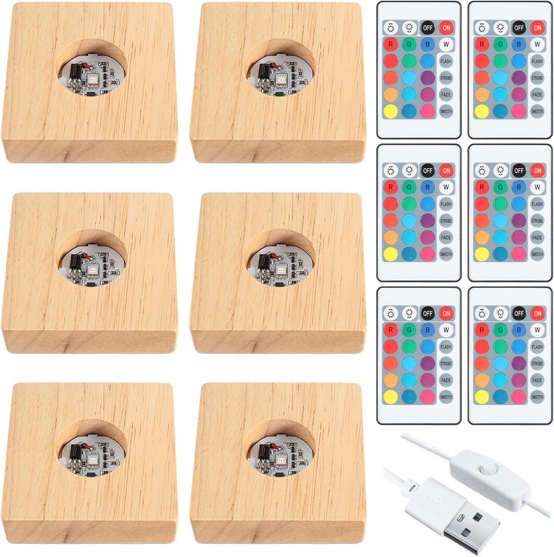 Riakrum Square Wooden Led Display Base Wood Lighted Display Lamp Base Stand with Remote Control for Home 3D Laser Art Crystal Glass Resin 6 Pieces - Image 1