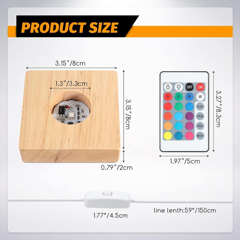 Riakrum Square Wooden Led Display Base Wood Lighted Display Lamp Base Stand with Remote Control for Home 3D Laser Art Crystal Glass Resin 6 Pieces - Image 2