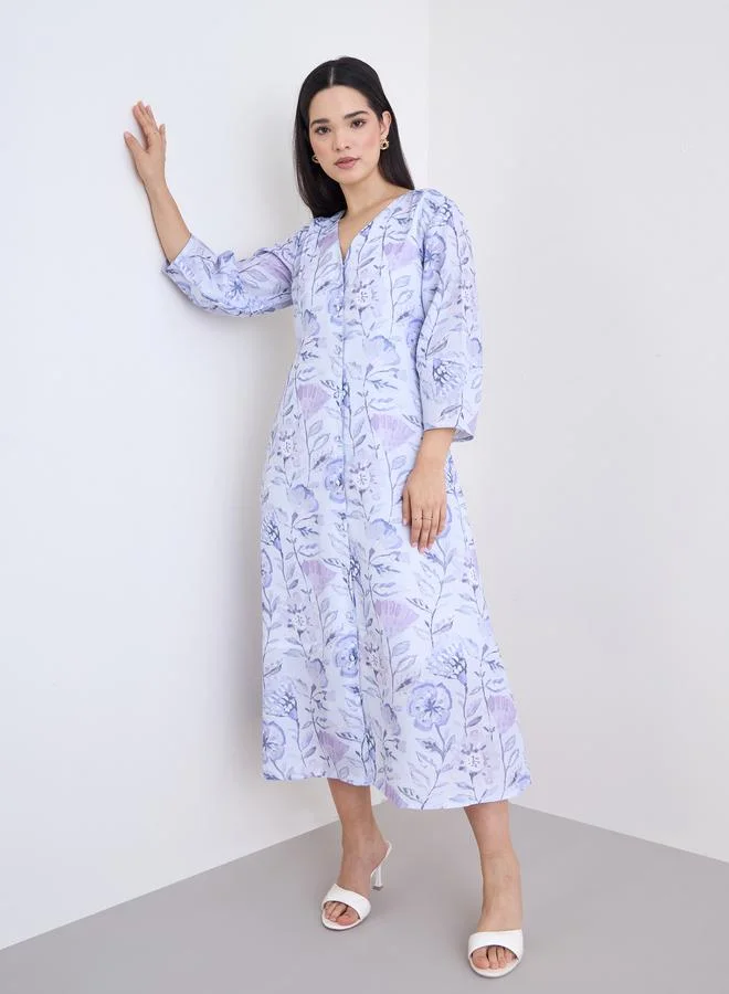Styli Styli Floral Print Buttoned A-Line Midi Dress