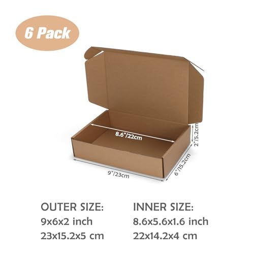 Serwrsw 9x6x2 inch Shipping Boxes Set of 6 Brown, Inner Size 8.6x5.6x1.6 inch Cardboard Box Mailers for Small Business Packaging Mailing or Gift Wrapping Giving - Image 2