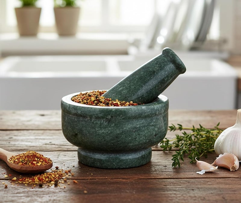 KLEO 4" Diameter Natural Stone Mortar & Pestle Set as Spice Mill, Potato Masher - Okhli & Musal (Deep Green)… - Image 2