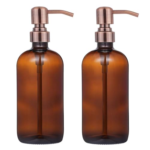 CHBJDAN 2 Pack Thick Amber Glass Pint Jar Soap Dispenser with Copper Stainless Steel Pump, 16ounce Boston Round Bottles Dispenser with Rustproof Pump for Essential Oil, Lotion Soap - Image 1