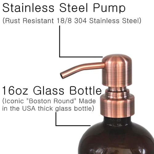 CHBJDAN 2 Pack Thick Amber Glass Pint Jar Soap Dispenser with Copper Stainless Steel Pump, 16ounce Boston Round Bottles Dispenser with Rustproof Pump for Essential Oil, Lotion Soap - Image 4