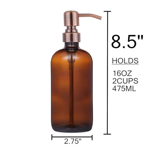 CHBJDAN 2 Pack Thick Amber Glass Pint Jar Soap Dispenser with Copper Stainless Steel Pump, 16ounce Boston Round Bottles Dispenser with Rustproof Pump for Essential Oil, Lotion Soap - Image 5