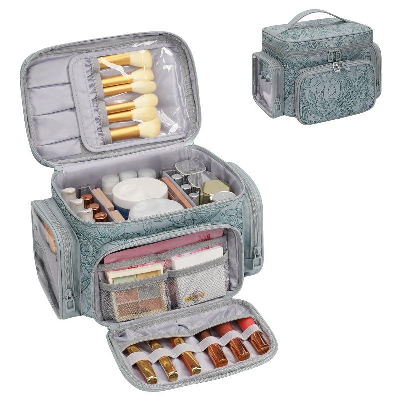 Bagmoly Large Makeup Bag, Portable Travel Makeup Bag Organizer for Women Girls with Makeup Brush Compartment & Two Side Pockets, Cosmetic Travel Bag Vertical Storage Toiletry - Floral Blue - Image 1