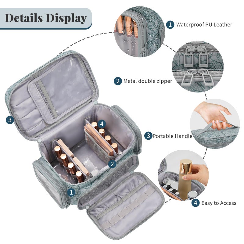 Bagmoly Large Makeup Bag, Portable Travel Makeup Bag Organizer for Women Girls with Makeup Brush Compartment & Two Side Pockets, Cosmetic Travel Bag Vertical Storage Toiletry - Floral Blue - Image 2